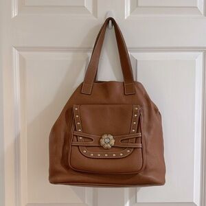 Eliza Gray Designer Large Brown Leather Tote Crystal Rhinestone Flower Accent